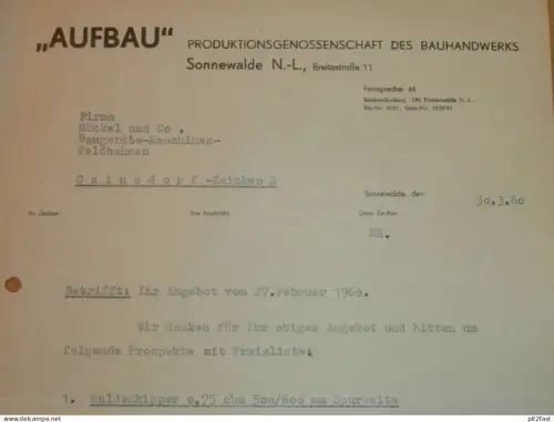 PGH "Aufbau" Sonnewalde N.L., 1960 , alte Rechnung , Reklame / Werbung !!