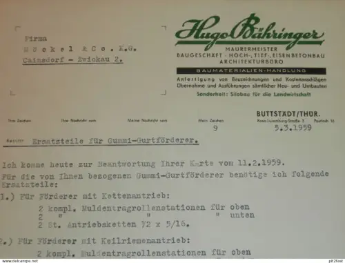 Baugeschäft - Hugo Bähringer in Buttstädt i. Thür., 1959 , altes Dokument , Reklame / Werbung !!