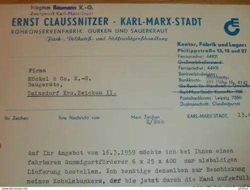 Gurken und Sauerkraut in Karl-Marx-Stadt , Ernst Claussnitzer , 1959 , Oederan , altes Dokument , Reklame / Werbung !!