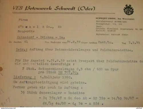 VEB Betonwerk Schwedt a. Oder , 1959 , Herr Schulze , altes Dokument , Reklame / Werbung !!