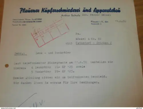 Kupferschmiede - Arthur Schulz / Werner Meckel in Plauen i.V. , 1970 , altes Dokument , Reklame / Werbung !!