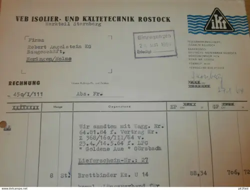 VEB Isolier- und Kältetechnik in Rostock / Werk Sternberg , 1964 , altes Dokument , Reklame / Werbung !!