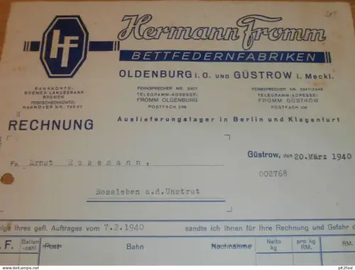 Bettfedern-Fabrik - Hermann Fromm in Güstrow und Oldenburg , 1940 , altes Dokument , Reklame / Werbung !!