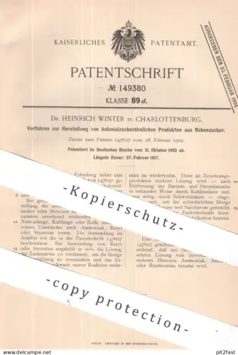 original Patent - Dr. Heinrich Winter , Berlin / Charlottenburg | 1902 | Produkte aus Rübenzucker | Zucker | Rüben Sirup