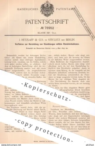 original Patent - J. Retzlaff & Co. , Berlin / Steglitz | 1893 | Glasätzungen mittels Staniol - Schablonen | Glas Gläser