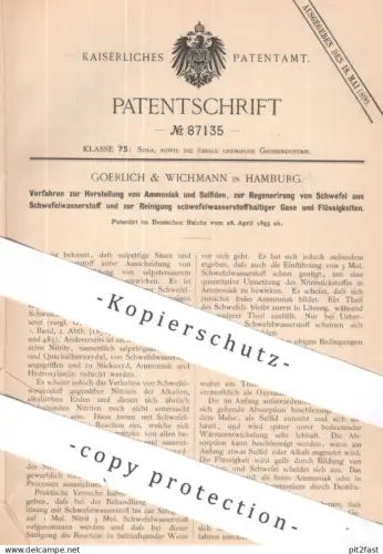 original Patent - Goehrlich & Wichmann , Hamburg | 1895 | Herstellung von Ammoniak u. Sulfiden | Schwefel , Säure !!