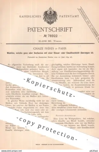 original Patent - Chaize Frères , Paris Frankreich | 1894 | Weblitze mit Glasur o. Emaille | Weben , Webstuhl , Weberei