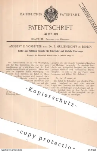 original Patent - Ansbert E. Vorreiter , Dr. E. Müllendorff , Berlin | 1895 | Sattel aus Holzfaser Gewebe für Fahrräder