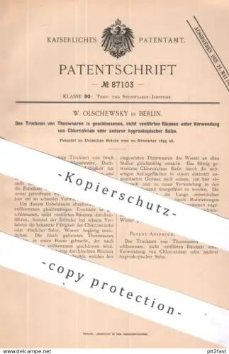 original Patent - W. Olschewsky , Berlin | 1895 | Trocknen von Tonwaren | Ton , Steingut , Dachziegel , Mauerstein !!