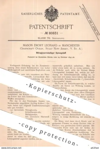 original Patent - Mason Emory Leonard , Manchester , Ocean , New Jersey , USA | 1893 | Sprengstoff mit Nitroclycerin !