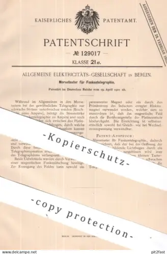 original Patent - Allgemeine Elektrizitäts-Ges. Berlin | 1901 | Morsetaster für Funkentelegraphie | Morsen , Telegraphie