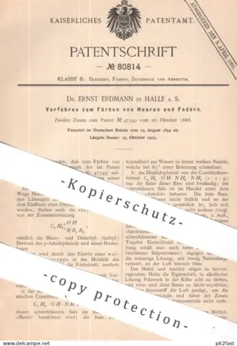 original Patent - Dr. Ernst Erdmann , Halle / Saale | 1894 | Färben von Haar u. Federn | Haare , Haarfarbe | Säure