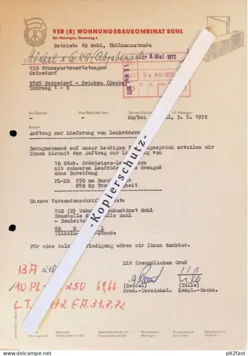 VEB Wohnungsbaukombinat Suhl , 1972 , Herr Tille , Herr Seidel , altes Dokument , Reklame / Werbung !