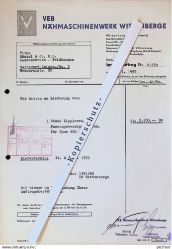 VEB Nähmaschinenwerk Wittenberge , 1959 , Herr Mund , Herr Lippmann , altes Dokument , Reklame / Werbung !