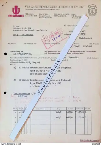 VEB Chemiefaserwerk "Friedrich Engels" in Premnitz , 1969 , Herr Malcherrek , altes Dokument , Reklame / Werbung !