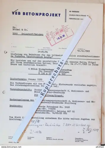 VEB Betonprojekt Dessau , 1969 , Herr Weitsch , Herr Flügel , altes Dokument , Reklame / Werbung !