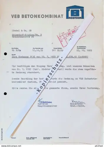 VEB Betonkombinat Rostock , 1969 , Herr Hoffmann , Herr Zimmermann , altes Dokument , Reklame / Werbung !