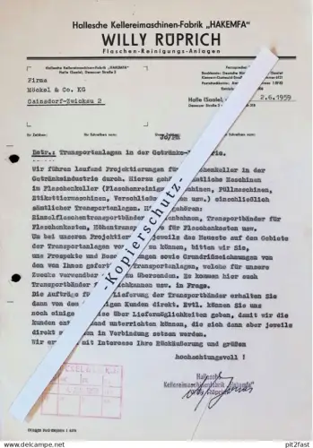 HAKEMFA - Willy Rüprich in Halle a. Saale , 1959 , Flaschenreinigung , altes Dokument , Reklame / Werbung !