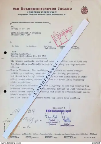 VEB Braunkohlenwerk Jugend in Lübbenau , 1969 , Herr Bischof , Hr. Müller , altes Dokument , Reklame / Werbung !