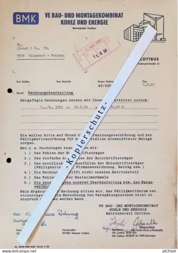 VEB Kohle und Energie in Cottbus , 1969 , Herr Natuschke , altes Dokument , Reklame / Werbung !