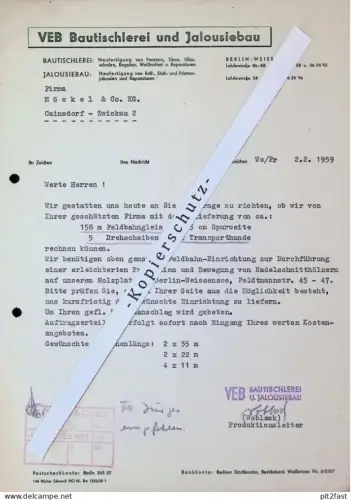 VEB Bautischlerei in Berlin Weißensee , 1959 , Herr Woblack , altes Dokument , Reklame / Werbung