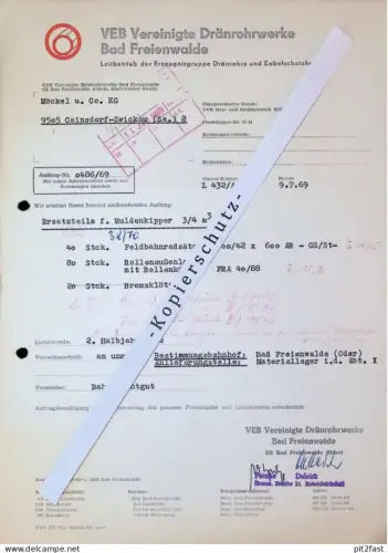 VEB Drainrohrwerke Bad Freienwalde , 1969 , Herr Dobrick , Herr Persike , altes Dokument , Reklame / Werbung