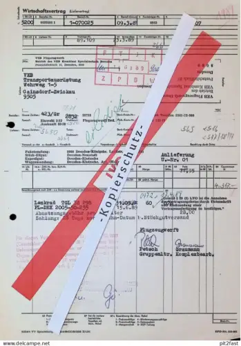 Wirtschaftvertrag - VEB Flugzeug-Werft Dresden  1989 , Herr Graupmann , Herr Petsch , altes Dokument , Reklame / Werbung