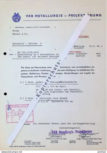 VEB Metallurgie - Projektierung in Berlin , 1960 , Herr Schramm , Herr Wegener , altes Dokument , Reklame / Werbung