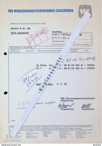VEB Werkzeugmaschinenfabrik Zeulenroda , 1969 , Herr Pohle , Geibel , altes Dokument , Reklame / Werbung