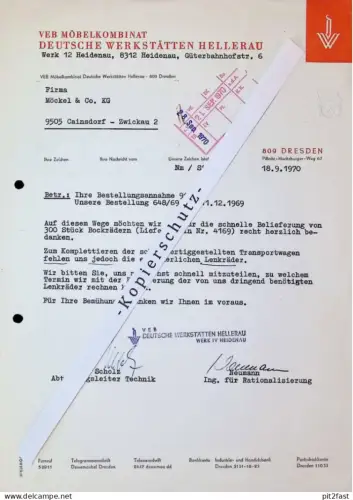 Deutsche Werkstätten Hellerau in Dresden , 1970 Heidenau Herr Scholz , Herr Neumann , altes Dokument , Reklame / Werbung