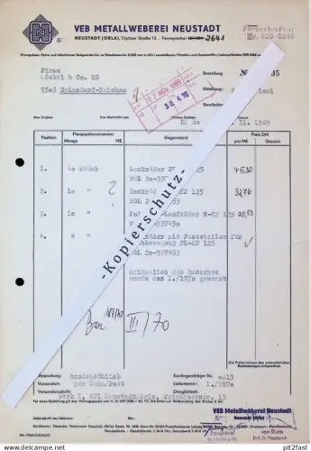 VEB Metallweberei Neustadt a. Orla , 1969 , Herr Seiß , Hr. Fanghänel , Hr. von Rhein altes Dokument , Reklame / Werbung