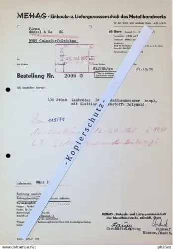 MEHAG - Liefergenossenschaft in Gera , 1970 , altes Dokument , Reklame / Werbung