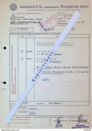 Maschinenfabrik Lauenstein & Co. in Wernigerode / Harz , 1970 Herr Charlet , Rosemann altes Dokument , Reklame / Werbung