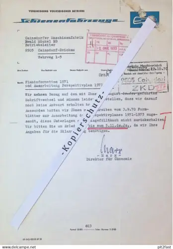 VEB Schienenfahrzeuge in Cainsdorf b. Zwickau , 1970 , Herr Marx , altes Dokument , Reklame / Werbung
