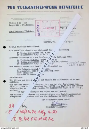VEB Vulkanisierwerk Leinefelde , 1972 , Obergebra , Gebra , Herr Liebmann , altes Dokument , Reklame / Werbung