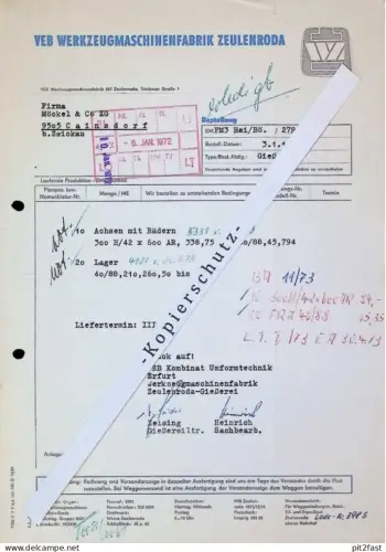 VEB Werkzeugmaschinenfabrik Zeulenroda , 1972 , Herr Zeising , Herr Heinrich , altes Dokument , Reklame / Werbung