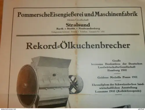 Maschinenfabrik - Stralsund / Stettin , ca. 1915 , Rekord - Ölkuchenbrecher , Prospekt , Katalog , Reklame , Mecklenburg