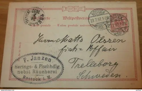 Fischhandlung - F. Janzen in Rostock , 1897 , Postkarte , Räucherei , Trelleborg , Mecklenburg , Reklame , Stempel !!