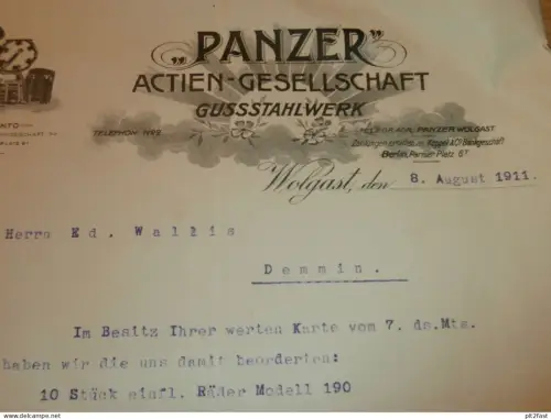 "Panzer" AG - Gussstahlwerk in Wolgast , 1911 , Mecklenburg , altes Dokument !!