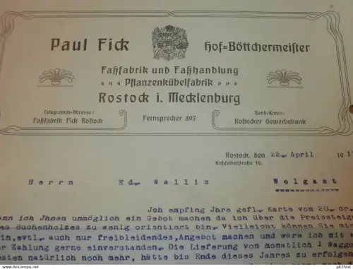 Hof-Böttchermeister P. Fick Rostock / Wolgast ,1917 , Faßfabrik , Mecklenburg , altes Dokument !!