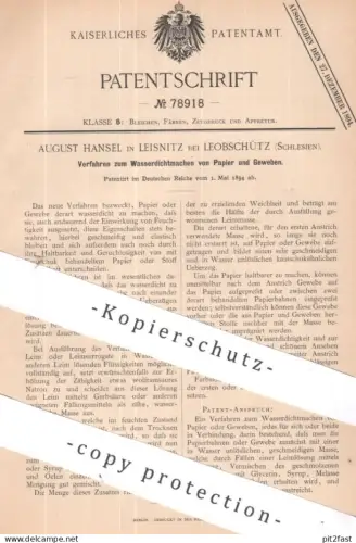 original Patent - August Hansel , Leisnitz / Leobschütz / Schlesien | 1894 | Wasserdichtmachen von Papier & Gewebe !
