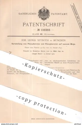 original Patent - Joh. Leonh. Seyboth , München | 1899 | Darst. von Mononitrosodimethylamidokresol | Phosphor , Kupfer !