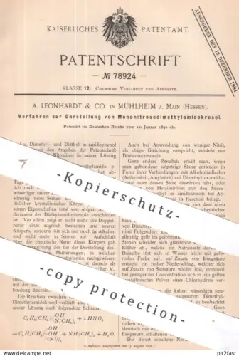 original Patent - A. Leonhardt & Co. , Mühlheim / Main | 1892 | Darst. von Mononitrosodimethylamidokresol | Chemie !!
