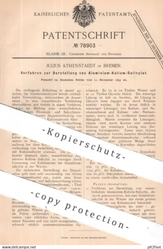 original Patent - Julius Athenstaedt , Bremen | 1893 | Darst. von Aluminium - Kalium - Salicylat | Chemie , Säure
