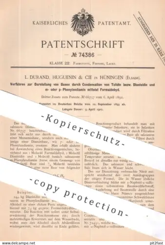 original Patent - L. Durand, Huguenin & Cie , Hüningen , Elsass | 1893 | Darst. von Basen per Kondensation | Chemie Base
