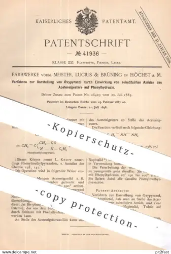 original Patent - Farbwerke vorm. Meister , Lucius & Brüning , Höchst / Main | 1887 | Darst. von Oxypyrazol | Farbe Lack