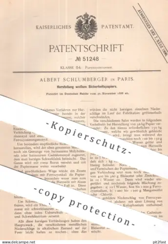 original Patent - Albert Schlumberger , Paris , Frankreich | 1898 | weißes Sicherheitspapier | Papier Leim Papierfabrik