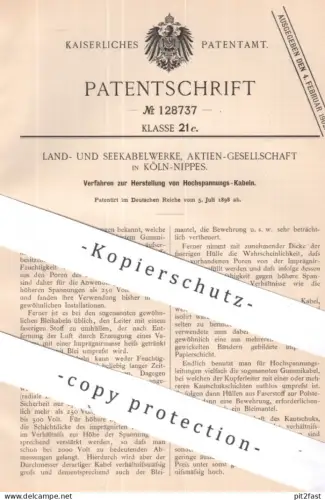 original Patent - Land- & Seekabelwerke AG Köln / Nippes | 1898 | Hochspannungskabel | Kabel , Stromkabel Gummi , Strom