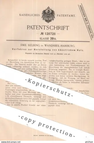 original Patent - Emil Helbing , Hamburg / Wandsbek | 1900 | Herstellung von künstlichem Holz | Torf , Gips , Tonerde
