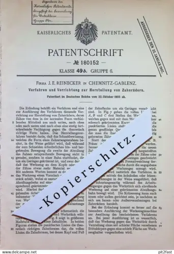 original Patent - Fa. J. E. Reinecker , Chemnitz / Gablenz | 1903 | Herstellung der Zahnräder | Zahnrad !!